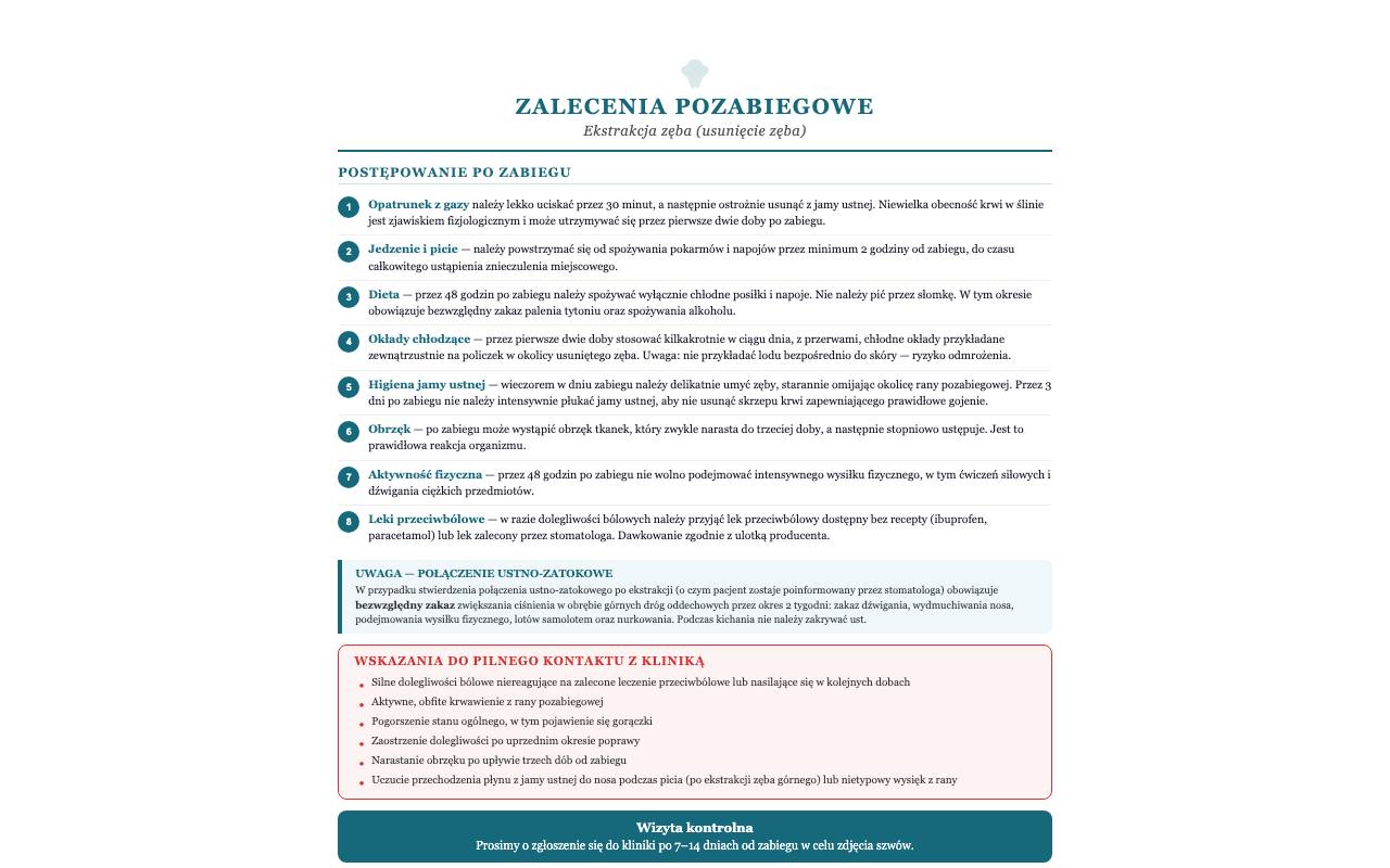 Aftercare page for dental patients